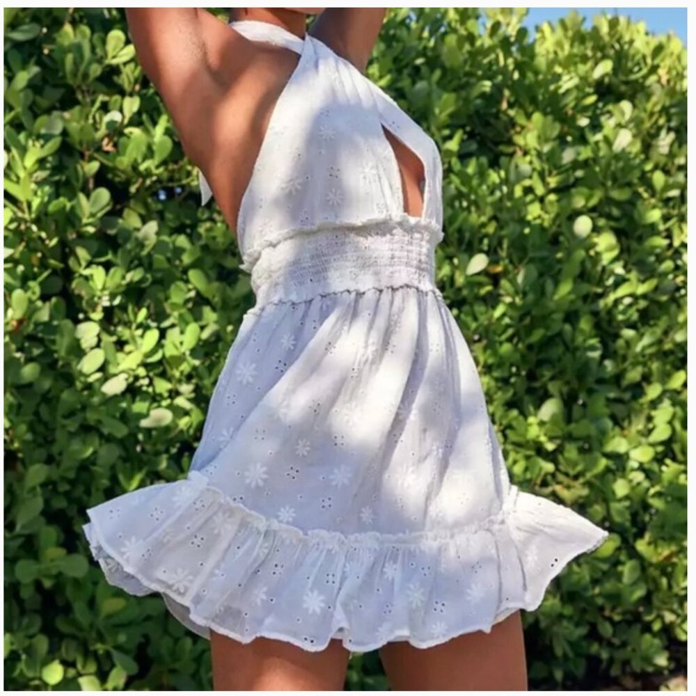 NWOT Aerie white eyelet dress crossover or halter 2 in one dress - Picture 5 of 8
